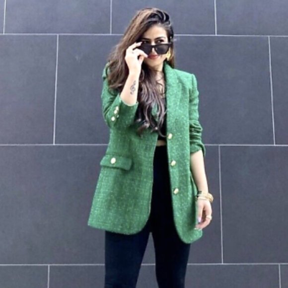 ZARA NEW WOMAN TEXTURED WEAVE TAILORED BLAZER JACKET GREEN 2761/062 Size S - Picture 5 of 15